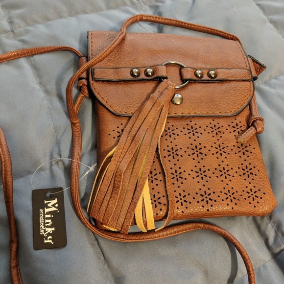 Minky Vegan Laser Cut Brown Mini Cross Body Bag - Picture 4 of 6